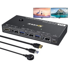 YOUTINGHDAV USB 3.0 KVM Switch 2 PC 2 Monitors 4K @ 144Hz, MST KVM Switch Displayport HDMI Splitter 2 Monitors HDMI + DP Share Mouse Keyboard with Wired Remote