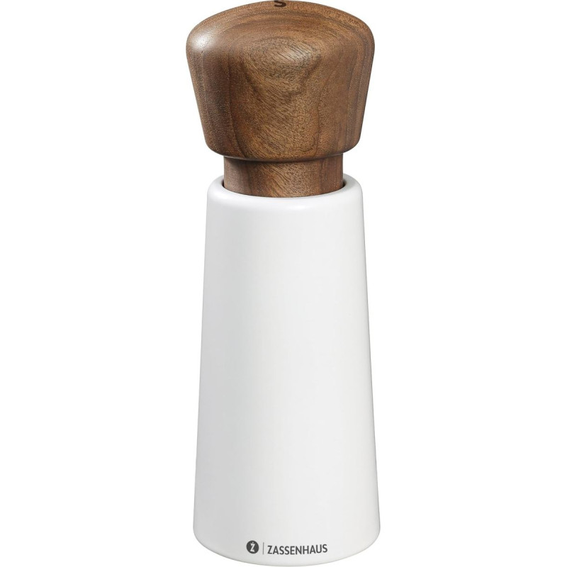 Zassenhaus Norderney Salt Mill, Lacquered Beech Wood, Walnut Mill Head, Continuously Adjustable High Performance Ceramic Grinder, Spice Mill for Pepper, Salt and Herbs, 18 cm, White