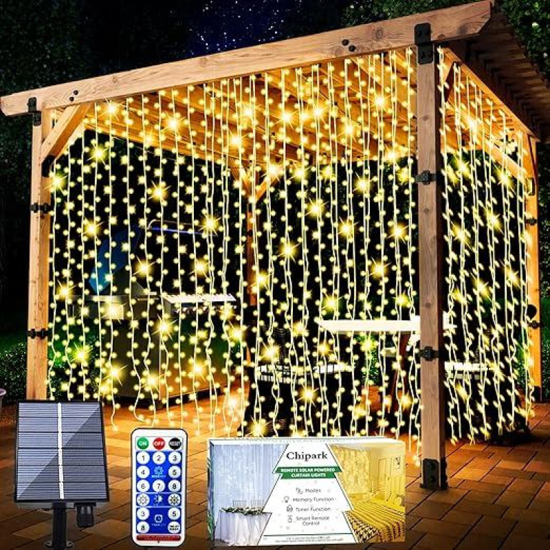 Chipark Solar Curtain Lights, Upgraded Garden String Lights, 300 LEDs, 8 Modes Remote Control, Waterproof Solar String Lights for Outdoor Gazebo, Patio, Party, Festival, Decorations (Warm)