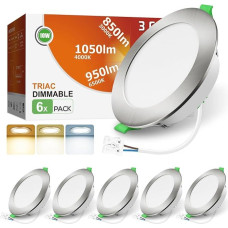 ALUSSO LED Recessed Spotlights 230 V Dimmable 10 W 1050 LM Spotlights Flat 3CCT 3000 K Warm White 4000 K Neutral White 6500 K Cool White IP44 Recessed Lights for Bathroom Kitchen Living Room Brushed
