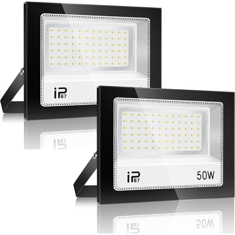 YZYFACAI 50 W LED Spotlight Outdoor, Super Bright 5000 LM LED Headlight 2 Pieces, 7000 K Cool White Spotlight, IP67 Waterproof Outdoor Spotlight, for Backyard, Courtyard, Driveway, Garage, Hallway,