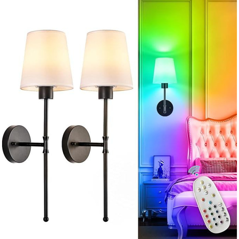 Depuley Battery Operated Wall Light: Set of 2 Wireless Wall Lights with Remote Control for Bedroom - Rechargeable Black Wall Light in 15 Colours for Living Room or Hallway