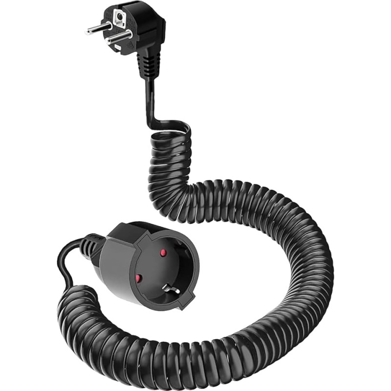 Earthing Contact Spiral Extension, 0.8 m to 2 m Stretchy Spiral Cable with Earthing Contact Wrap Plug & Earthing Contact Coupling, (230 V/16 A) PVC Extension Cable, IP20, Black