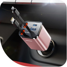 4-in-1: 2025 JOYROOM 84 W Retractable Cigarette Lighter USB C, Ultra Compact, PD 45 W Fast Charging Car Charger USB C, 12 V/24 V USB Adapter Car Accessories Interior for iPhone 16/Sumsang S25 Pink