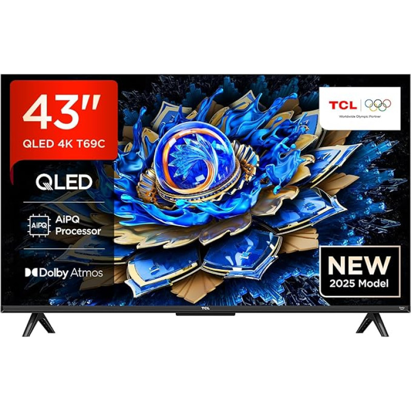 TCL 43T69C 43 Inch QLED, Direct LED TV, 4K HDR TV, Smart Google TV (Dolby Vision & Atmos, Game Master, Motion Clarity, Compatible with Google Assistant & Alexa)