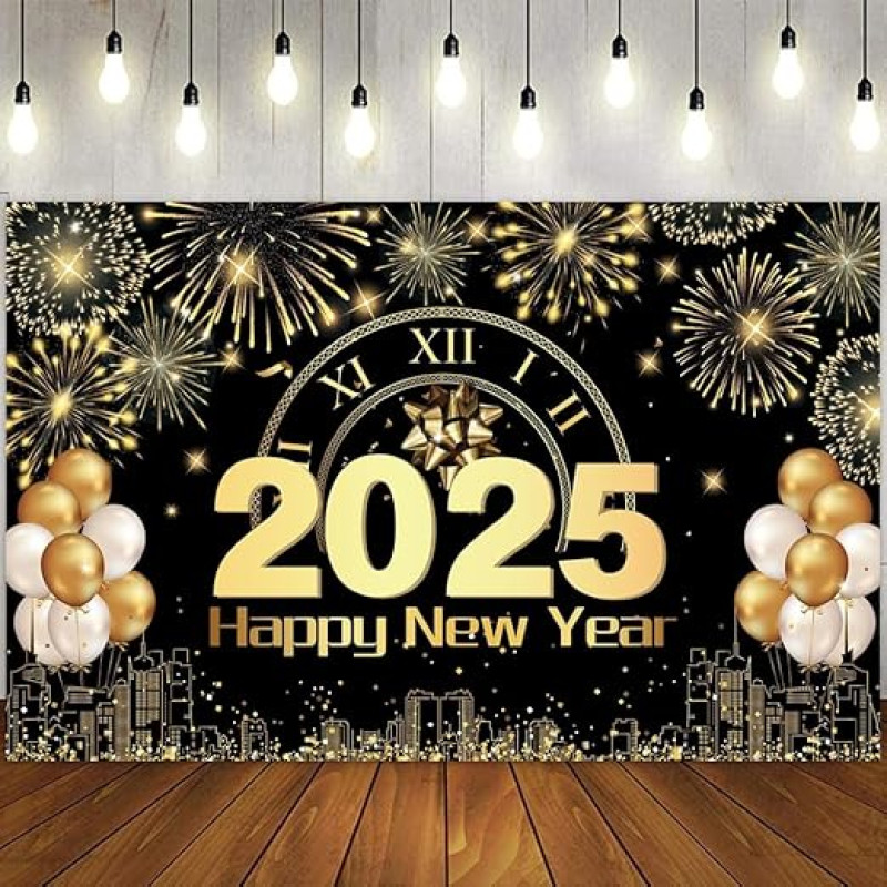 Laimingų Naujųjų metų vėliava 2025 Laimingų Naujųjų metų dekoracijos, itin didelis audinys, juoda ir auksinė spalvos, laimingų Naujųjų metų fono vėliava 2025 Naujųjų metų išvakarių vakarėlio reikmenys (180 x 100 cm)