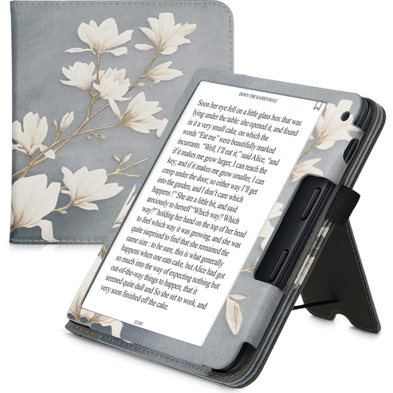 kwmobile Flip Cover Compatible with Kobo Libra 2 - Case with Hand Strap Magnolia Taupe White Blue Grey