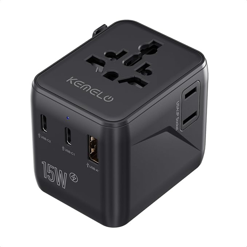 5 in 1 Travel Adapter Worldwide, Universal Adapter with USB A, USB C, 1 Worldwide Socket and 1 USA/JP Socket, Travel Travel Plug International Socket Adapter for EU USA UK Canada Japan Australia