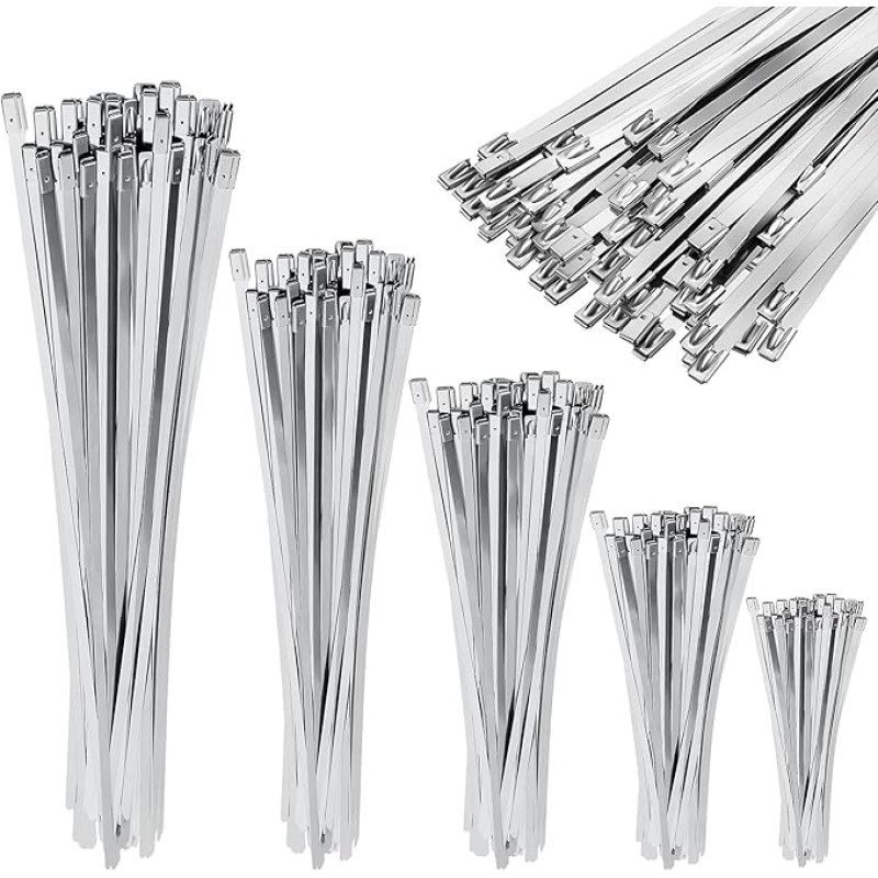 Celepoir 180-Piece Stainless Steel Cable Ties Set, 100 mm/150 mm/200 mm/250 mm/300 mm Metal Cable Ties, UV-Resistant, Stainless Steel Metal Cable Ties for Attaching Balcony Fences, Garden Fences,
