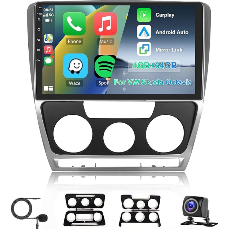 8 Core 4G + 64G Android Car Radio for Volkswagen Skoda Octavia 2007-2013, Hodozzy 10 Inch IPS Touchscreen Navigation with Wireless Carplay Android Car, 2 DIN Radio Bluetooth DSP WiFi FM RDS Reversing