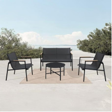 Avril Paris Gartenmöbel-Set für den Außenbereich, 4-Sitzer, aus Stahl und Verbundholz, 2-Sitzer-Sofa – 2 Sessel und 1 Couchtisch – Schwarz – Camille