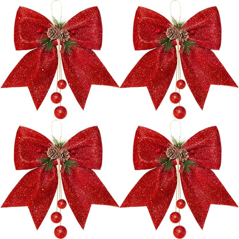 Waline 4 Red Christmas Wreaths Bows - 9.8 x 11.8 Inch Glitter Sequin Bows for Christmas Decoration