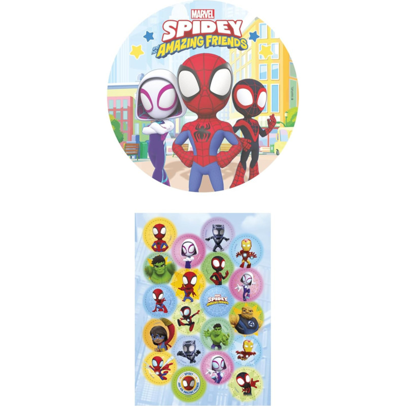 Dekozauber24 Set of 2 Spiderman 20 cm Edible Cake Toppers + 20 x Muffin Toppers, Edible Cake Decoration for Children's Birthday Parties (Spidey)