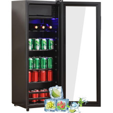 Merax Fridge 128L, Freestanding Drinks Cooler with 120L Fridge + 8L Freezer, with LED Interior Lighting and Adjustable Shelves, Super Quiet for Restaurant, Bar, Drinks and Beer