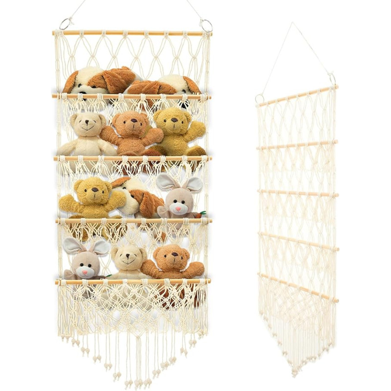Teddy Hammock, Stuffed Animals, Toy Hammock, 4-Layer Versatile Over the Door Hanging Toy Organiser, Bohemian Style Plush Toy Holder with Macrame for Nursery Playroom