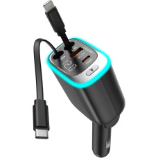 4 in 1 automobilinis įkroviklis su cigarečių žiebtuvėliu USB C PD greitasis įkroviklis su ištraukiamais laidais - suderinamas su 
