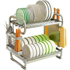 wdjj 2-Stufiger Geschirrkorb, 304 Edelstahl-Geschirrtrockner mit Abtropfbrett, Utensilienhalter Schneidebretthalter, Geschirrablauf FüR KüChenarbeitsplatte/Silber / 51x28x42cm
