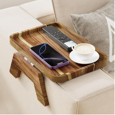 ZUJJAFY Couch-Armlehnentisch, Akazienholz, Coucharm-Tablett, Clip-On-Sofa-Arm-Tablett, Tisch für Getränke, Essen, Snacks, Fernbedienung und Steuerung