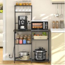 3IngSeagulls Baker's Rack with Socket, Kitchen Microwave Stand with 10 S-shaped Hooks, 6-Tier Coffee Bar Station, Kitchen Rack for Spices, Pots, Grey