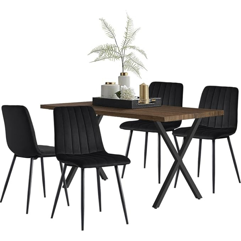 TUKAILAI Dining Table 140 x 80 cm with 4 Chairs Set, Rectangular Wooden Kitchen Table with X-Shaped Metal Legs and Set of 4 Velvet Black Dining Room Chairs for Kitchen, Dining Room, Living Room (Brown