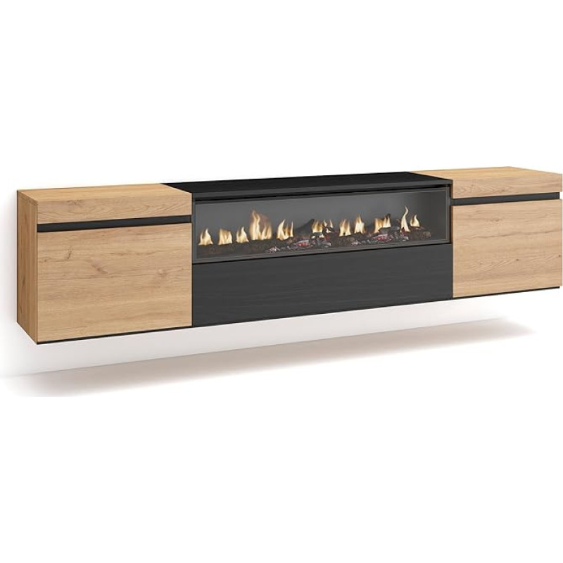 Skraut Home TV Cabinet, Lowboard, for Living Room and Dining Room, 200 x 45 x 35 cm, for TVs up to 80 inches, Electric Fireplace, Dimensions, Hanging, Modern Style, Oak Black