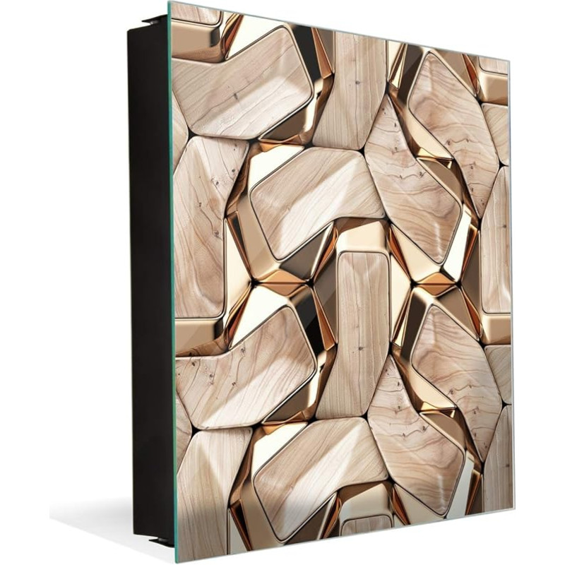 Plieninė raktų laikymo spintelė ir berėmė magnetinė lenta K10 riešutmedžio ir aukso spalvos