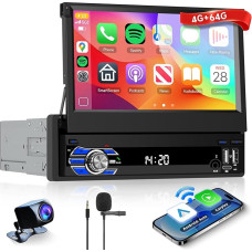 4G+64G Wireless Carplay Android 15 Autoradio 1 Din mit Wireless Android Auto Navi GPS WiFi 7 Zoll Manuell Ausfahrbares Touchscreen Autoradio mit Mirror Link Bluetooth FM/RDS/EQ/USB/SWC Rückfahrkamera