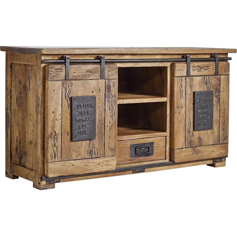 MASSIVMOEBEL24.DE Geležinkelio masyvo komoda - natūralus lakas | Mango mediena | 2 durys - 1 stalčius | 128 x 45 x 70 cm | Naudota išvaizda | Komoda TV staliukas Svetainės spintelė