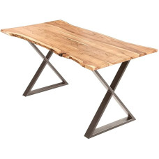 SAM Marbella Dining Table, 140 x 80 cm, Real Wane, Natural Acacia Wood + Solid, Wane Table with Closed X Metal Frame, Stainless Steel Colours, Dining Room Table