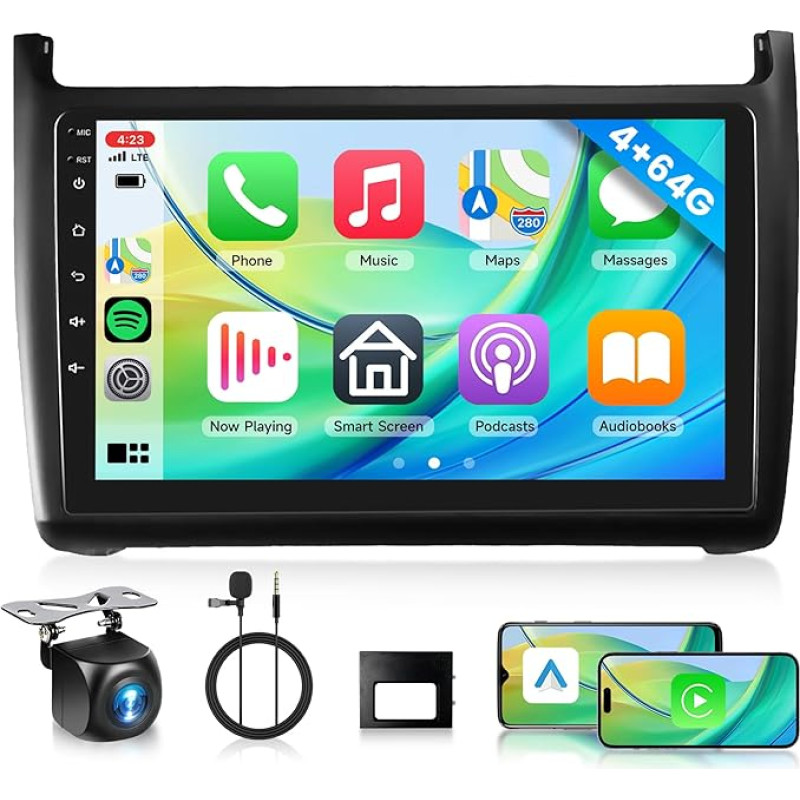 4G 64G Android automobilinis radijas VW Polo 6R 6C 9N 2008-2016 9 colių HD belaidis Carplay automobilinis radijas su Android automobiline navigacija GPS Mirror Link Bluetooth FM/RDS/DAB/DVR/EQ/USB/WiFi vairo valdymas
