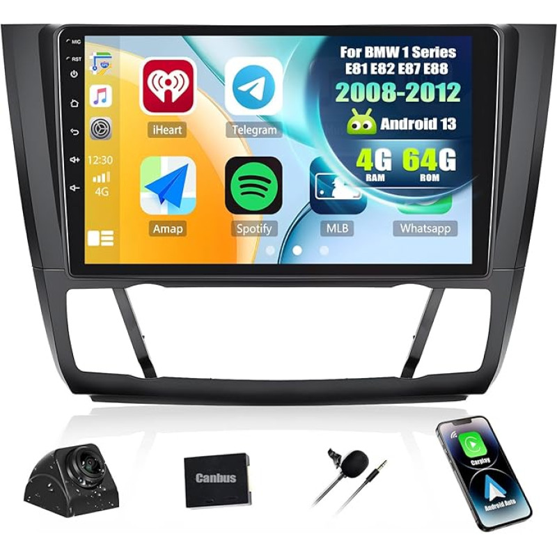 [4+64G] SIXWIN Android 13 automobilinis radijas su CarPlay/Android Car/Mirror Link BMW 1 serijos E81 E82 E87 E88 2008-2012.9 colių HD jutiklinis ekranas Palaiko WiFi GPS Bluetooth 5.0 FM/RDS 32EQ