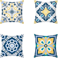 Set of 4 Cushion Covers, 50 x 50 cm, Blue and Yellow Pattern Cover, Couch Cushion, Modern Sofa Cushion, Decorative Cushion Covers, Soft Decorative Cushion, Art Decorative Cushion for Bedroom, Living