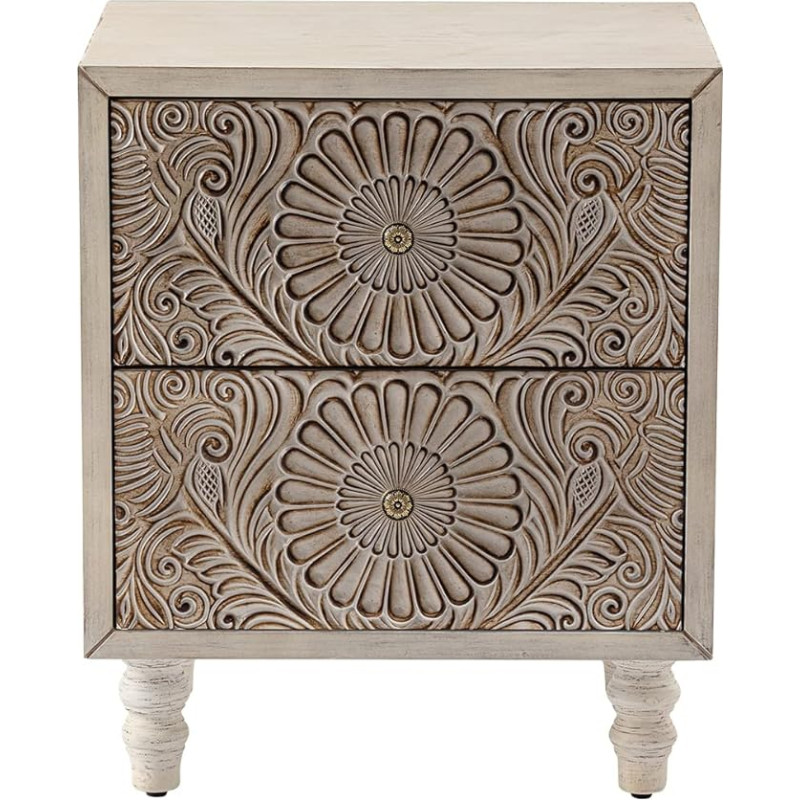 HOMPUS Derliaus naktinis staliukas su 2 drožinėtais stalčiais, Boho staliukas, naktinis staliukas su 4 medinėmis kojelėmis, maža komoda, baltas staliukas miegamajam, svetainei