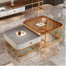 Modernus stiklo kavos staliukų rinkinys Metalinis rėmas Kvadratiniai auksiniai saugojimo stalai gyvenamajam kambariui Lengvas surinkimas Namų baldai