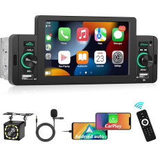 Podofo 1Din Car Radio with A-pple Carplay & Android Car, 5 Inch Screen with Bluetooth Hands-Free Function, Link Mirror, Steering Wheel Control, Mirror Link, Dual USB + Reversing Camera + Microphone