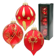 Dekohelden24 KGL10986 Christmas Tree Decorations Set of 3 Onion Shape in Red Gloss and Matt, Mouth-Blown Hand-Decorated with Various Motifs, Gold Crowns, Diameter Approx. 6 cm