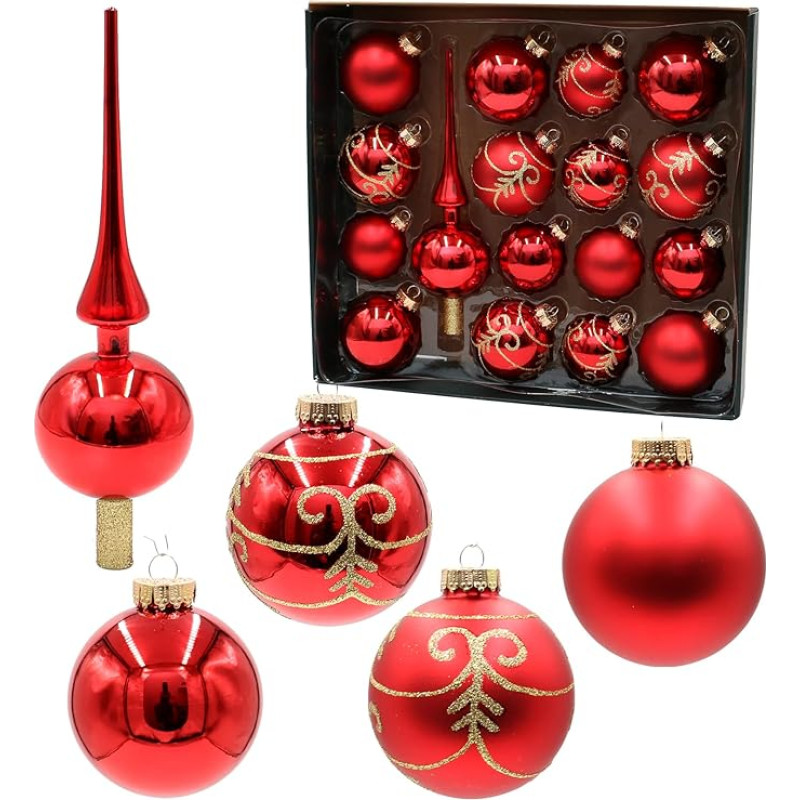 Dekohelden24 Lauschaer Christmas Tree Decorations Set of 16 Baubles Including 1 Glass Tree Topper for Christmas, Hand-Decorated, Red Matt and Glossy, 6.7, Golden Crown, 8 cm, 17