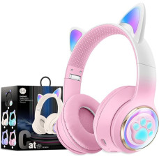 Excellent Wireless Cat Ear Bluetooth Headphones for Children, LED Illuminated and Foldable Stereo Headphones, Supports Microphone/TF Memory Card for Smartphone/iPhone/iPad/Laptop/TV (Pink)