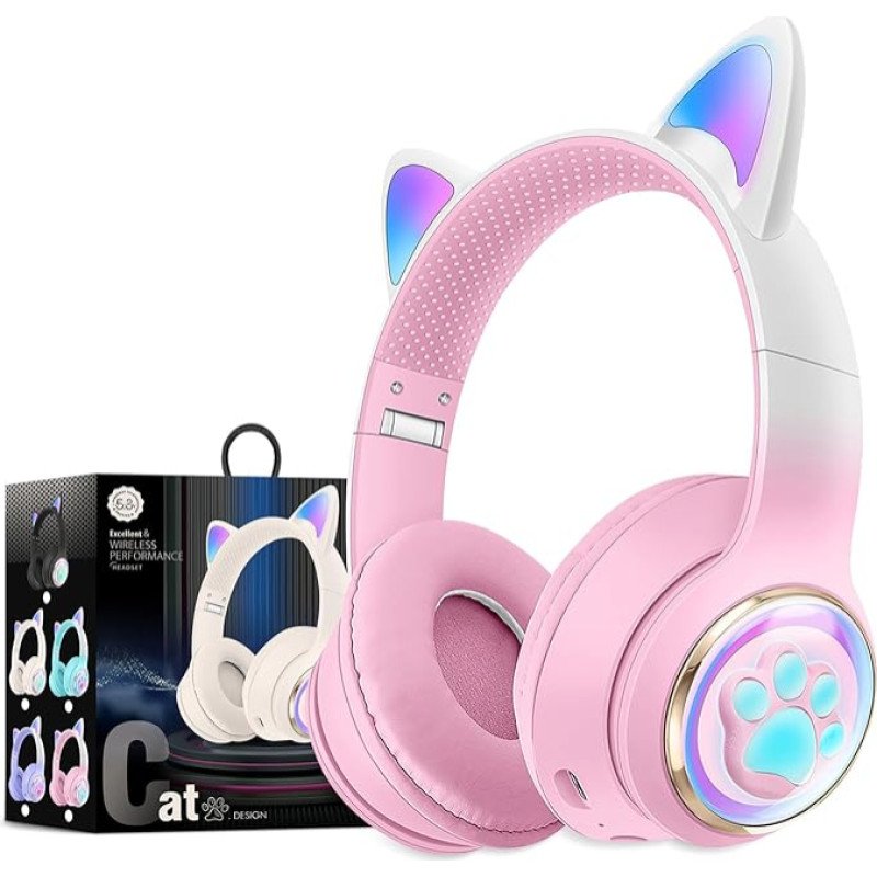 Excellent Wireless Cat Ear Bluetooth Headphones for Children, LED Illuminated and Foldable Stereo Headphones, Supports Microphone/TF Memory Card for Smartphone/iPhone/iPad/Laptop/TV (Pink)