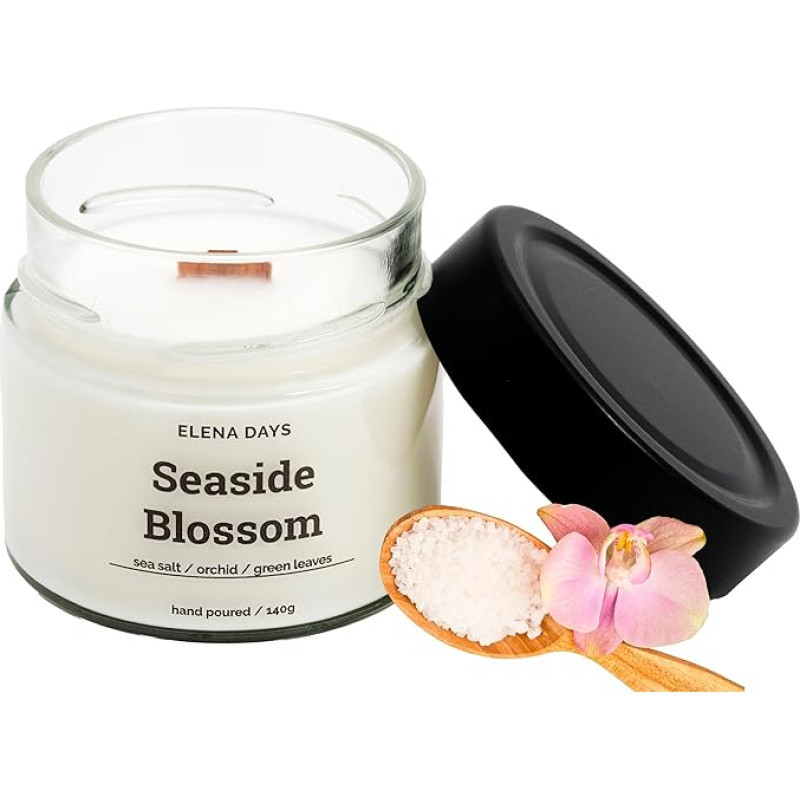 Seaside Blossom Scented Candle, 100% Natural Candle, Soy Wax, Scented Candle in Glass, Candle with Wooden Wick, Long Burning Candle 140 g, Burning Time 45 Hours, Floral Fragrance Elena Days