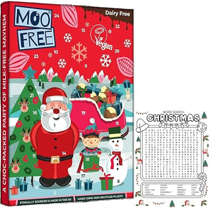 Advent Calendar 2024 - Moo Free Milk Chocolate - Vegan Milk Soy Gluten Free Chocolate Gifts with Gift Card & Activity Card - Stocking Filler - Suitable for Vegetarians