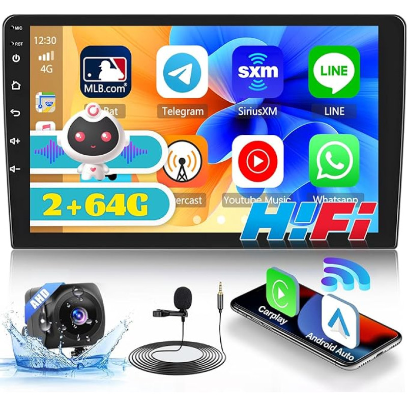 Hikity [2+32GB] Double DIN Android Car Radio with Wireless Carplay Android Car Mirror Link 9 Inch Touchscreen Car Radio with Navigation Screen HiFi AI DSP APK Update RDS FM SWC Reversing Camera