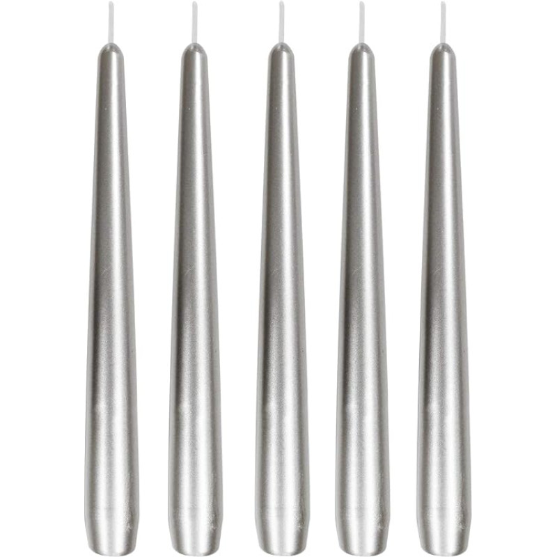 Tapered Candles, Lacquered Silver, Pack of 5, Size Approx. 22 x 240 mm, Individually in Foil, Table Candle, Taper Candle
