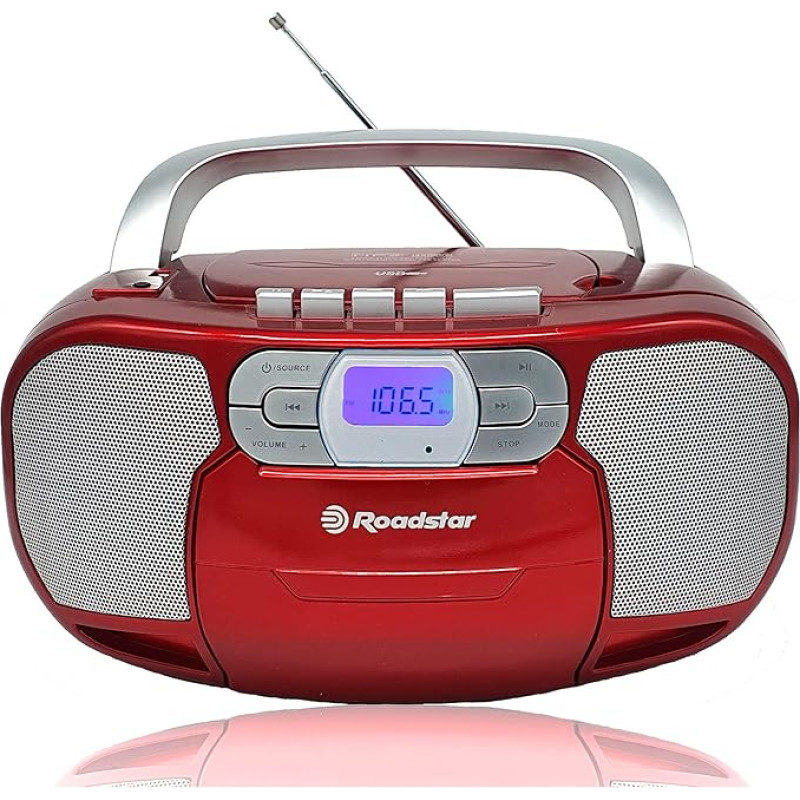 Roadstar RCR-4635UMP/RD Portable CD Radio Cassette, Digital PLL FM Radio, Boombox CD MP3 Player, USB, AUX-IN, Headphone Output, Red