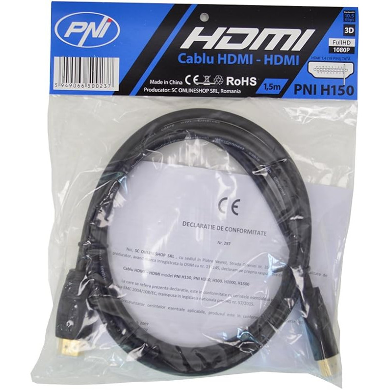 PNI HDMI Cable H150 High-Speed 1.4 V, Plug Plug, Ethernet, Gold-Plated, 1.5 m