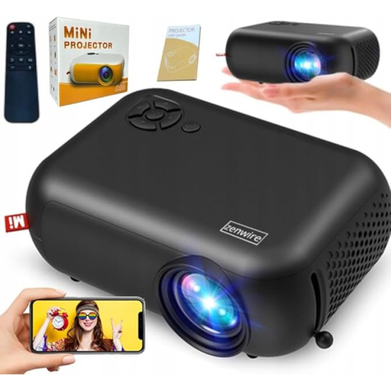 Zenwire Mini Projector, Portable Projector for Mobile Phones and Computers - Full HD WiFi LED HDMI Miracast - Integrated Speaker - WiFi, HDMI, USB - for Phones, PC, PS5, Xbox - Includes Remote Control