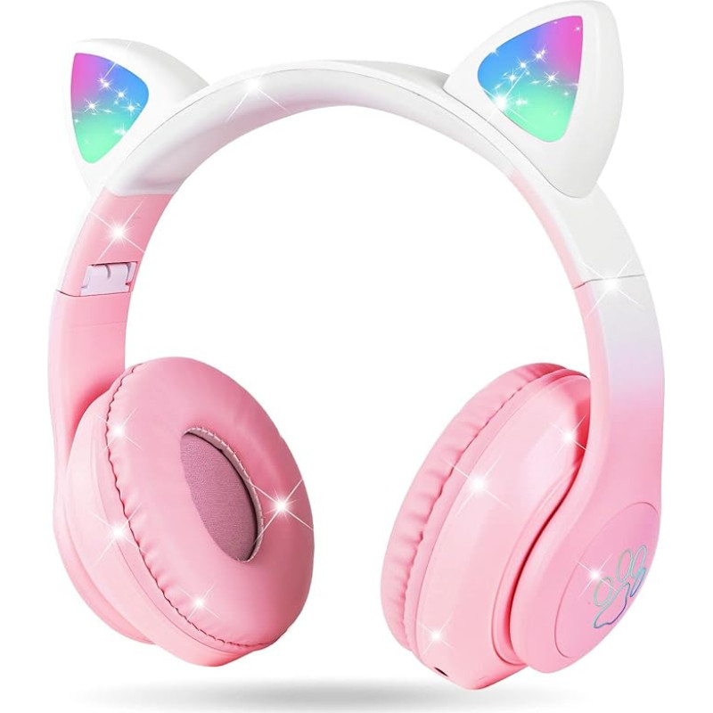 AXFEE Bluetooth Headphones with Cat Ears Headphones Children, Children's Headphones Bluetooth, Girls Cat Ear Headphones Over-Ear with LED Light Foldable Stereo Headphones Wireless