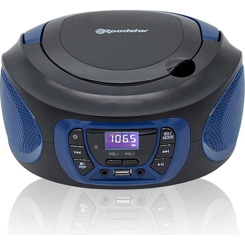 Roadstar CDR-365U/BL Portable Radio CD Player Digital FM PLL Boombox CD Player CD-R CD-RW CD-MP3 USB Port Stereo AUX-IN Headphone Output Black/Blue