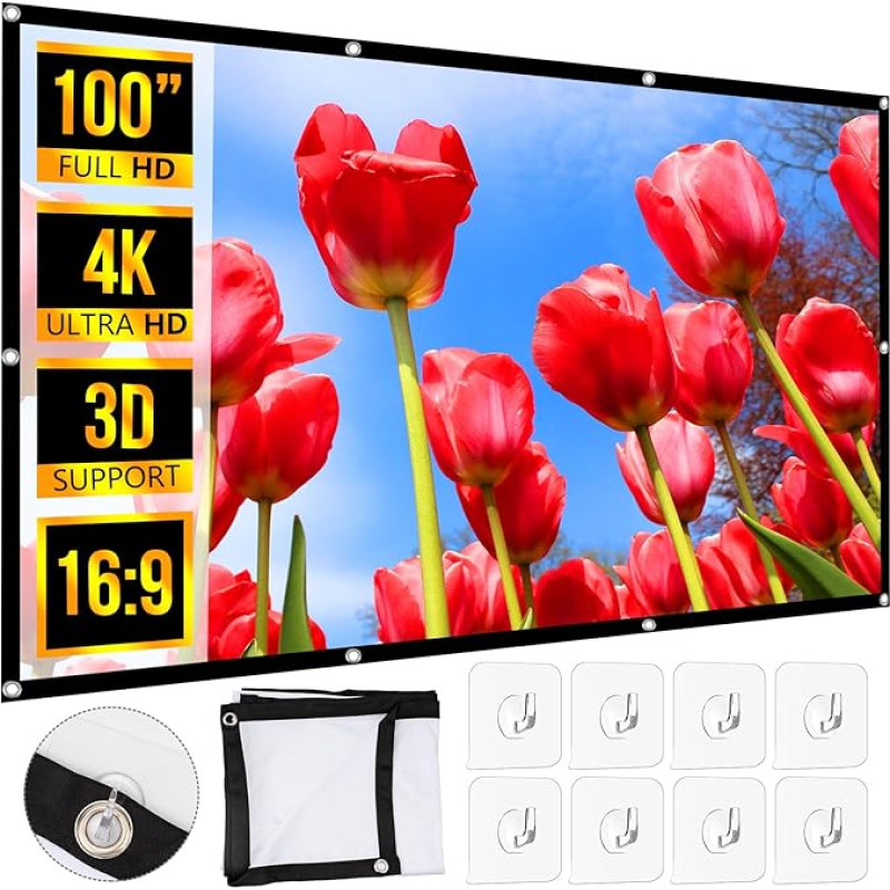 Projector Screen 100 Inches, Projector Screen 16: 9 HD Foldable Anti-Wrinkle Double-Sided Projection Screen, High Resolution Thickened Screen with Hooks, for Home, Office, School, Meeting, Outdoor