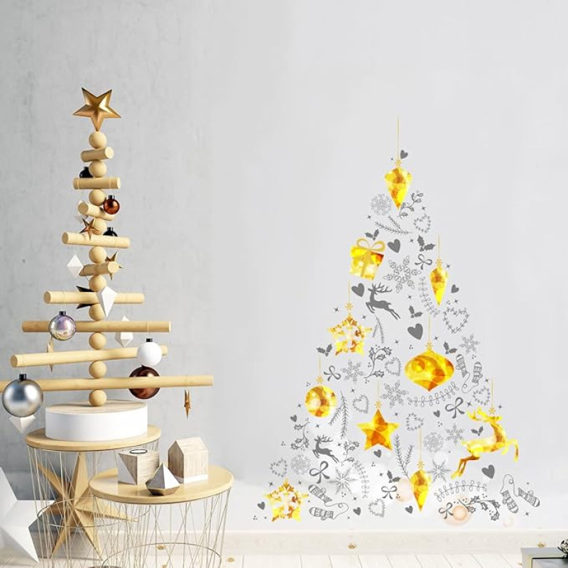 Ambiance Sticker Christmas Stickers Self Adhesive Christmas Decoration Bedroom Living Room Christmas Tree Gold and Grey Height 70 x L50 cm